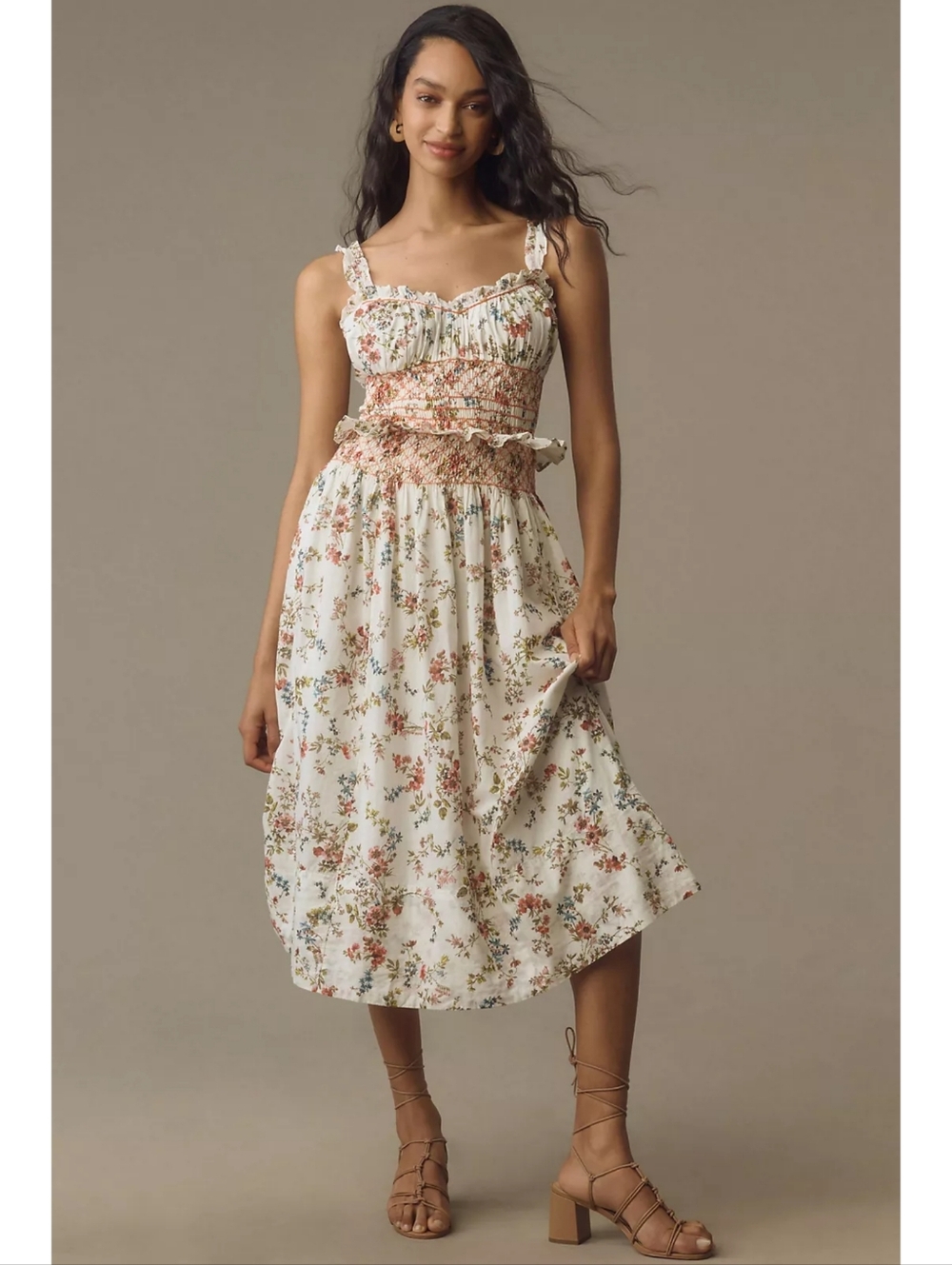 Anthropologie Sleeveless Smocked-Waist Ruffled Midi Dress in Neutral
